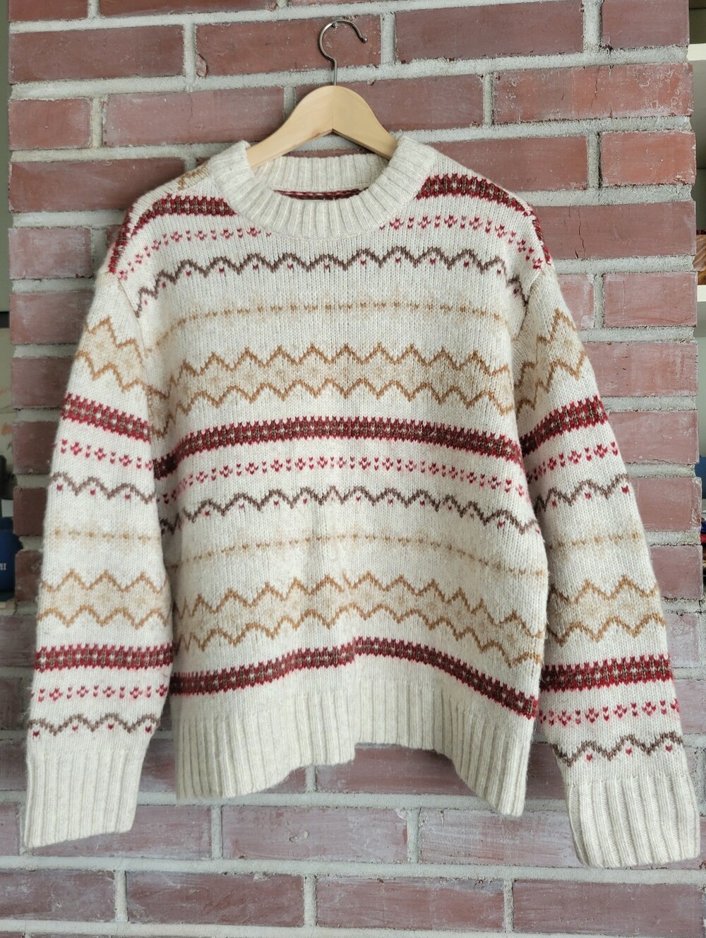 Cream Fair Isle Crewneck Sweater with Rust and Tan Stripes